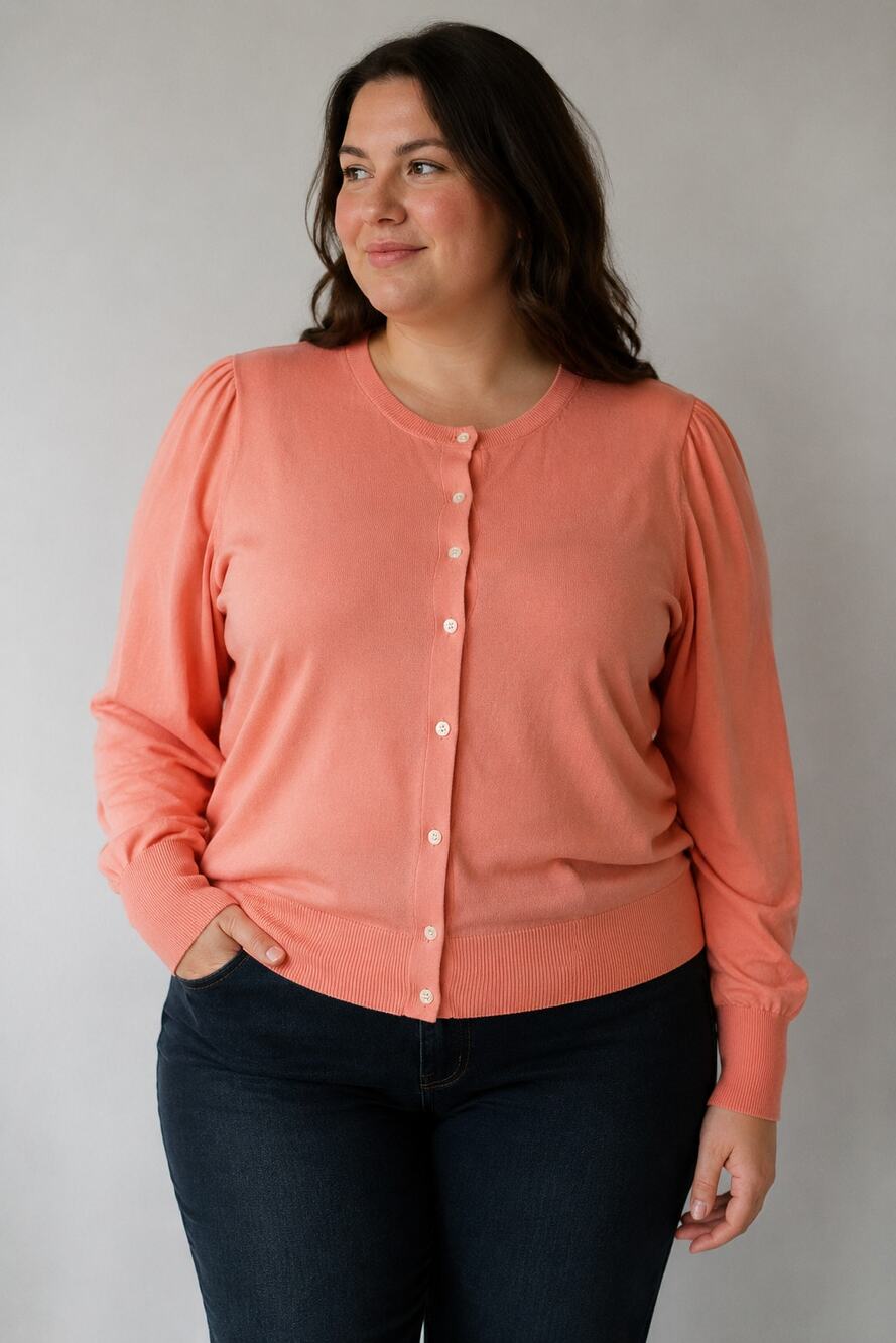 LOFT Peach Pink Puff Sleeve Cardigan Sweater Women’s XXL Pearl Buttons